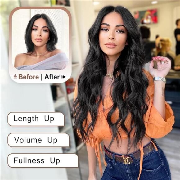 ALXNAN Clip in Long Wavy Synthetic Hair Extension 24 Inch Black 4PCS Thick - Picture 3 of 7